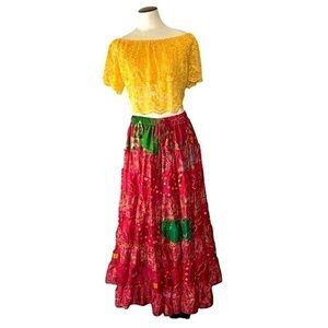 Bohemian Floral Maxi Skirt Silk Blend O/S Red Colorful Layered Indian Cottage